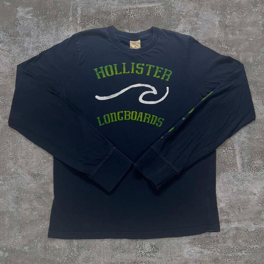 Hollister Men's XL Navy Long Sleeve Crew Neck Wave Surf Graphic T-Shirt VTG Y2K
